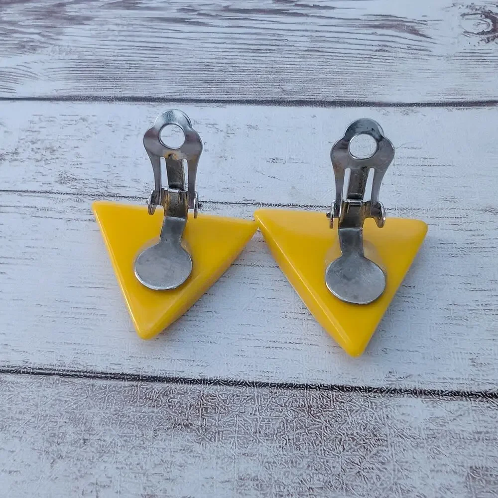 Vintage Clip On Earrings Retro Statement Cream & Yellow Large Triangle